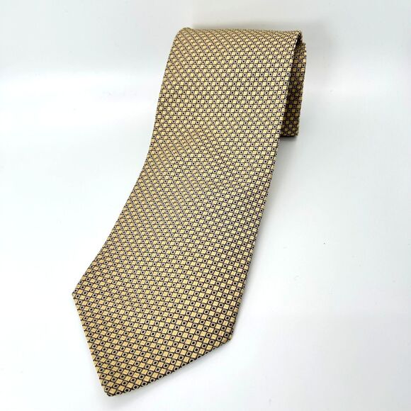 Tommy Hilfiger Yellow Navy Birdseye Dot Print 100% Silk Long Tie - Picture 1 of 10